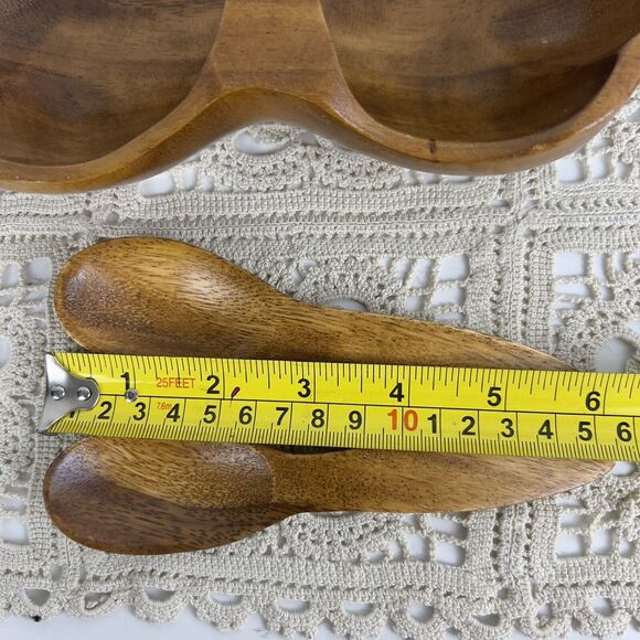 Monkey Pod Wood Basket‎ Bowl With Serving Spoons Hand Carved Scalloped Seashell - Picture 9 of 13